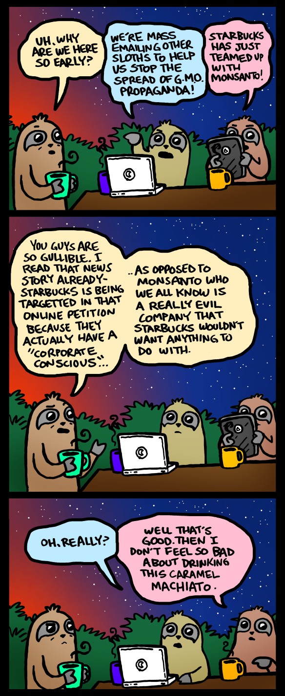 sloth webcomic with starbucks and monsanto